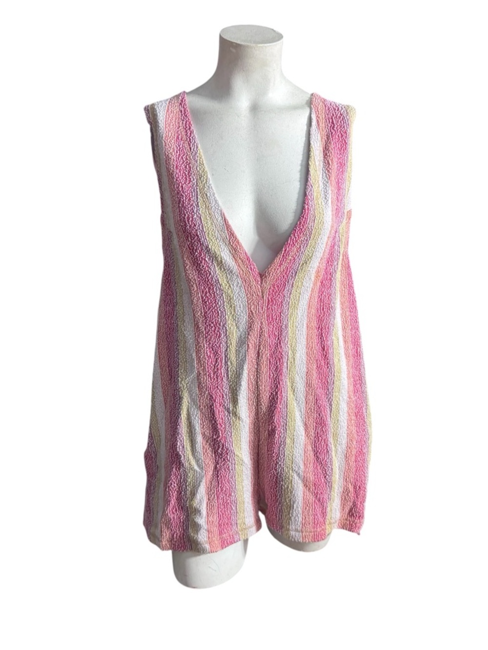 Free People Pink, White & Yellow Striped V-Neck Romper